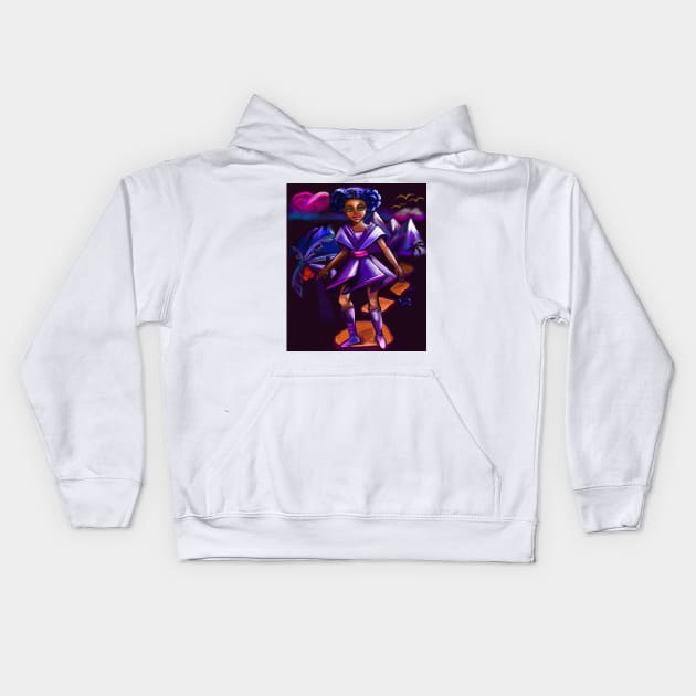 Anime girl with two puffs and lighting. Black afro anime girl in purple space fantasy scene ! beautiful  black girl with Braided hair, blue eyes, Cherry pink lips and dark brown skin. Hair love ! Kids Hoodie by Artonmytee